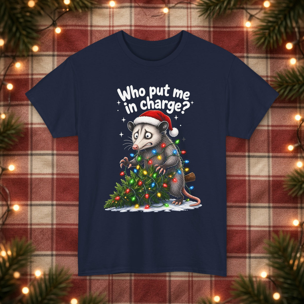 Who Put Me in Charge? Christmas Tee – Navy – front