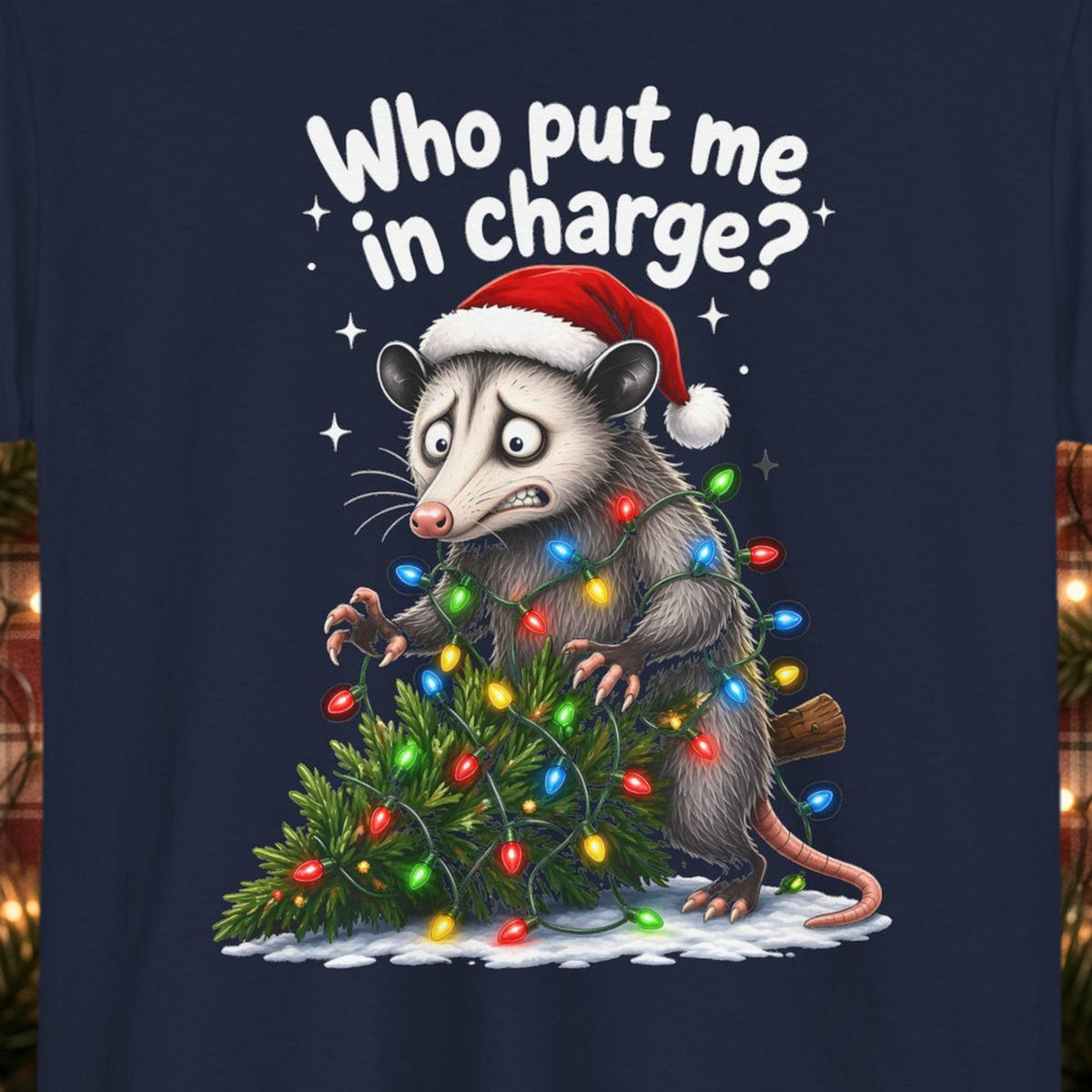 Who Put Me in Charge? Christmas Tee – Navy – front print close-up